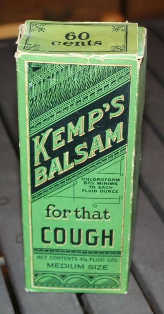 Vintage Kemp ' s Kemps Balsam For That Cough Med.  size 4.  5 oz w/ fluid,  box,  extra 5