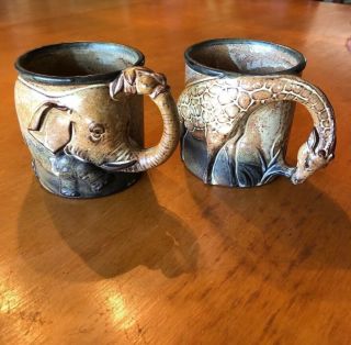 Vintage Giftcraft Mugs Cups Figural Elephant & Giraffe Pottery Japan