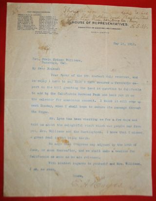 1912 Letter Signed By E.  A.  Hayes,  U.  S.  Representative Of Ca - Ca Redwood Park