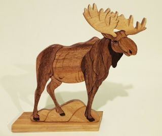 Standing Moose Wooden Intarsia Hand Crafted Shelf Plaque Table Top Art Decor