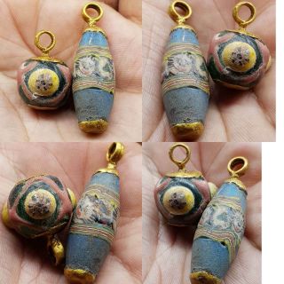 2 Antique Lovely Mosaic Glass With Faces Made As Gold Plated Pendants 8