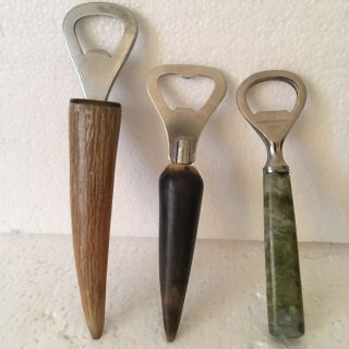 Set Of 3 Vintage Bottle Openers Antler Horn Green Irish Connemara Marble Handles