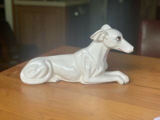 Vintage Ceramic Hand Made Dog Figurine All White 14” Long From Japan Greyhound
