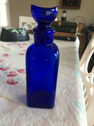 Vintage Cobalt Blue Glass Bottle With Eye Wash Cup 7 " Tall