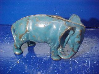 Orig 1920s Elephant Figural Cast Iron Bank W Blue Painted Exterior