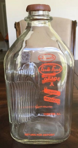 Vintage Half Gallon Milk Bottle W/top Farm Fresh Dairy Products Chester Illinois