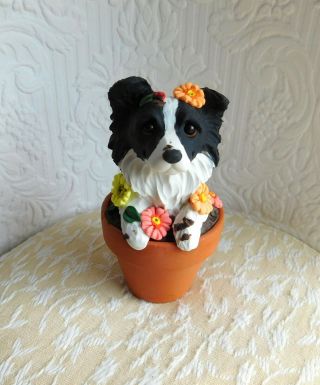 Border Collie In The Flower Pot Sculpture Clay By Raquel Thewrc Ooak