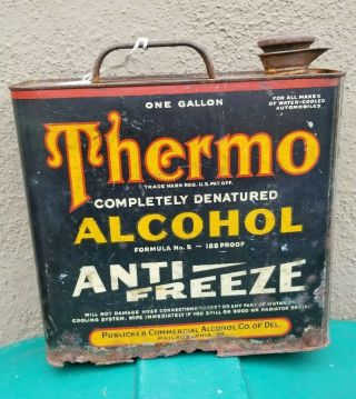 Antique Vintage Thermo Alcohol Antifreeze One Gallon Motor Metal Oil Can