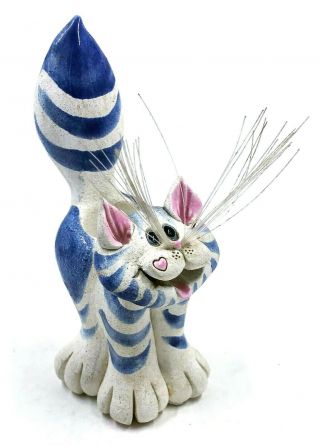 1994 Art Pottery Cat Candle Holder Handmade Blue & White Artist Sherri Pence 3 "