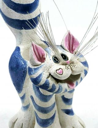 1994 Art Pottery Cat Candle Holder Handmade Blue & White Artist Sherri Pence 3 