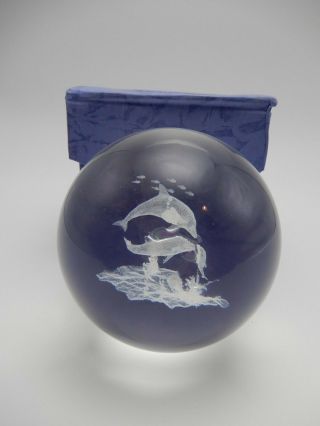 Dolphin Family Crystal Ball Laser Etched Paperweight Orb In Gift Box 3 Inch