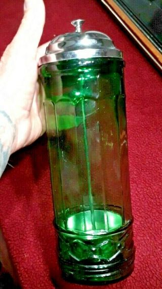 Large Green Glass Size Barbicide Comb Or Straw Dispenser W Pull Up Lid