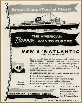 1958 A American Banner Lines S/s Atlantic Ship Tourist Class Print Ad
