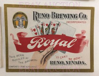 Very Rare Pre - Prohibition Beer Label Reno Brewing Co.  Royal Reno Nevada
