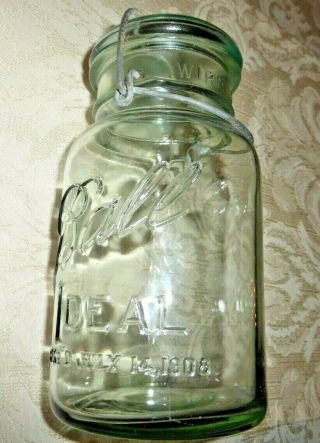 Vintage Ball Glass Fruit Jar With Glass Lid,  Wire Latch Light Green