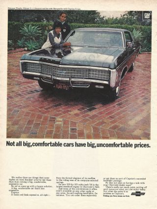 Chevrolet Caprice 1969 Vintage Print Ad; O.  J.  Simpson & Wife Marquerite