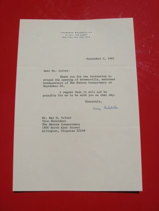 Autograph Laurance Rockefeller Signed Letter To Seller September 4,  1981