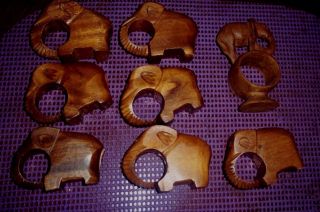 Set Of 8 Carved Wood Elephant Napkin Holders Rings