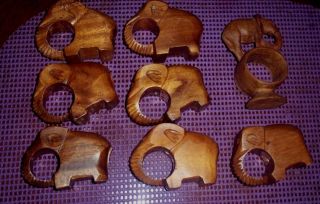 SET OF 8 CARVED WOOD ELEPHANT NAPKIN HOLDERS RINGS 2