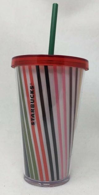 Starbucks White & Rainbow Candy Striped Cold Cup Tumbler Grande 16oz 2018