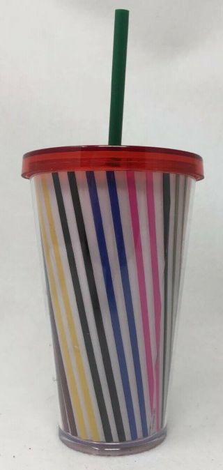 Starbucks White & Rainbow Candy Striped Cold Cup Tumbler Grande 16oz 2018 2
