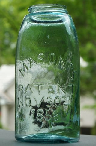 Aqua MASON `S PATENT 1858 S&R Base,  Bkwds ' S 1/2 Gallon Fruit Jar 2
