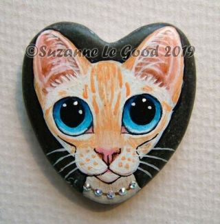 Siamese Cat Art Painting Pebble Heart Shaped Crystals Suzanne Le Good