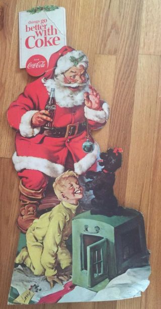 Vtg 1950s Cardboard Santa Coca Cola Christmas Advertisement Sign