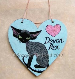 Devon Rex Cat Art Painting Wooden Heart Sign Fridge Magnet By Suzanne Le Good