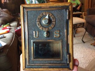 Antique “us”post Office Box Door Bank Combo Lock - Oak Box Rare Bronze Bevel
