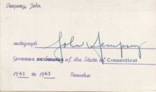 John Dempsey Autographed Index Card 81st Governor Of Connecticut D.  89