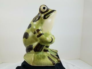 Vintage Pottery Sitting Frog Figure Lawn Garden Ornament Green Brown Unmarked