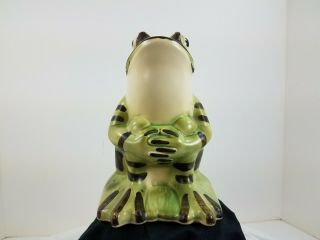 Vintage Pottery Sitting Frog Figure Lawn Garden Ornament Green Brown Unmarked 2