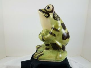 Vintage Pottery Sitting Frog Figure Lawn Garden Ornament Green Brown Unmarked 4