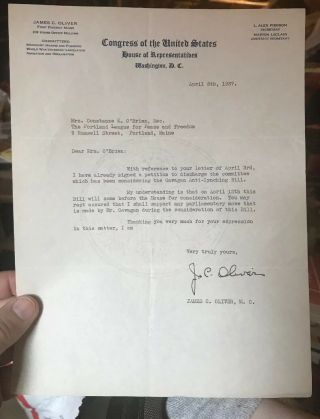 1937 Maine Congressman James C.  Oliver Signed Letter Racism Anti - Lynching Law