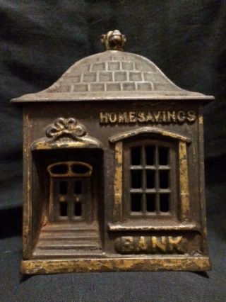 Cast Iron Still Bank " Home Savings Bank " By J & E Stevens 1891