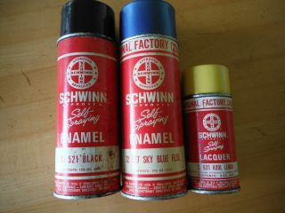 3 Vintage Spray Paint Can Schwinn Sting Ray Sky Blue,  Kool Lemon,  Black 1969 Dat