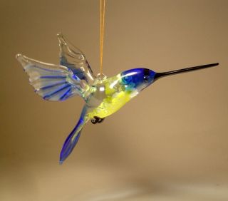 Blown Glass Figurine Bird Hanging Blue And Yellow Hummingbird Ornament