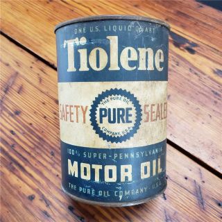 Vintage 1 Qt.  Tiolene Empty Motor Oil Metal Can Pure Oil Co.  No Top