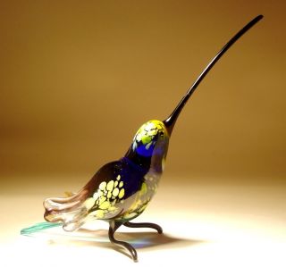 Blown Glass Figurine " Murano " Art Bird Blue & Brown Hummingbird With Long Beak