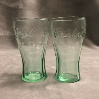 Set Of 2 Green Pebbled Glass Coca Cola Glasses Coke 4 " Small Mini