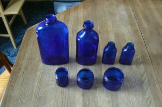 7 Antique Cobalt Blue Med Bottle & Jars Antique 1940 S Very Rare