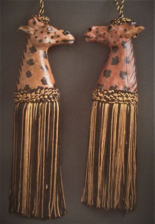 Pair Leather Wrapped Carved Wood Giraffe Head Tassels - Black / Gold