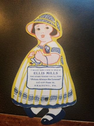 Vintage 1922 Walking Doll Tradecard Ellis Mills Stores Reading Pa Berks Co.