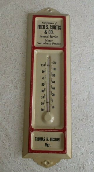 Vintage Advertising Thermometer Fred S.  Curtis Funeral Service Motor Ambulance