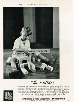 1932 Carnegie Steel Co.  Small Boy With Building Blocks Vtg Print Ad