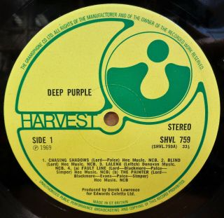 No Emi Logo Deep Purple Self Titled Og Uk Harvest Records Lp Shvl759 A1/b1