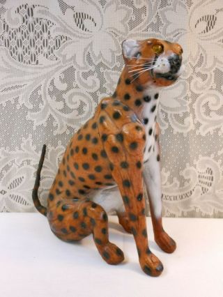 Vintage Paper Mache & Leather Cheetah Safari Cat Made In India