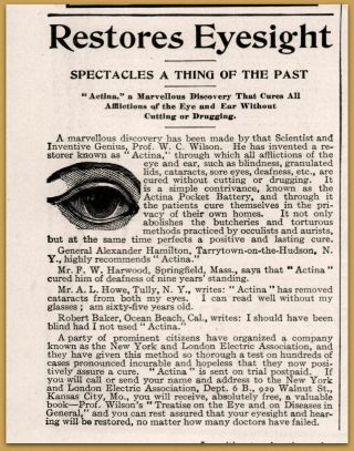 1904 Actina Wilson Pocket Battery Occulist Blindness Quack Butcheries Print Ad