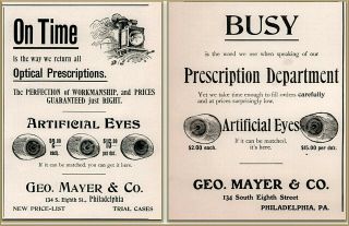 2 1900 A - 1902 Geo Mayer Co Artificial Eyes Prescription Department Print Ads